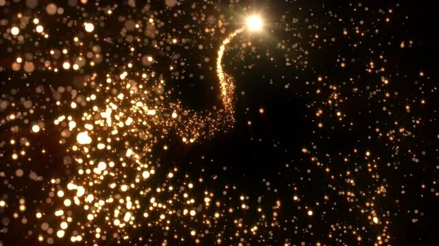 Loop animation of a luminous Christmas shooting star with a tail of golden particles on a black background at 60 fps.