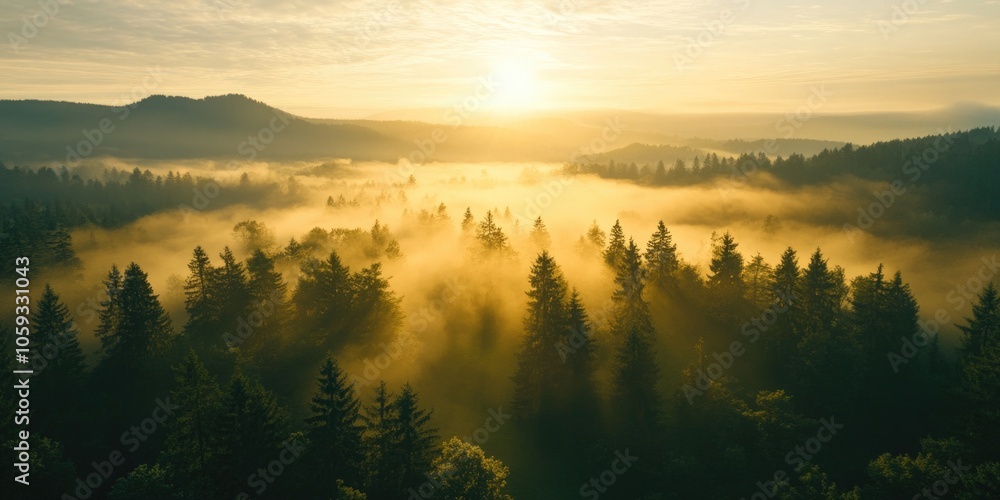 Poster mystical forest scene with mist and fog at sunrise. silhouette of pine trees in front of glowing ora