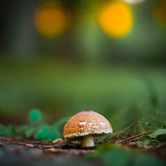 The light brown mushroom stands out amidst the green grass and dry leaves.