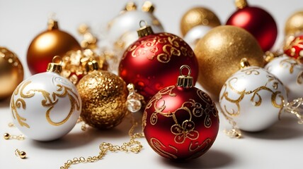 "Glittering Christmas decorations with gold and red details, on a white background."

