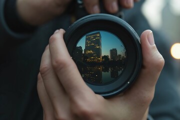 Urban reflection in camera lens capturing cityscape at dusk.