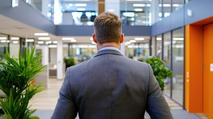 Confident businessman in suit jacket navigating modern office environment