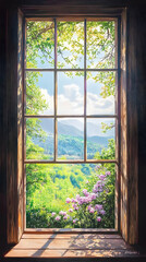 A tranquil view through a window captures the beauty of a serene outdoor landscape.    