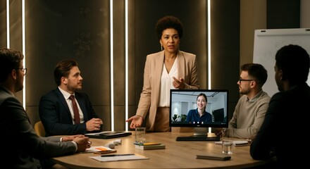 Business meeting with video conference integration in modern office setting.