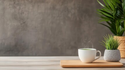 Fototapeta premium Person meditating with cup of green tea, detox in office, calming and minimal environment