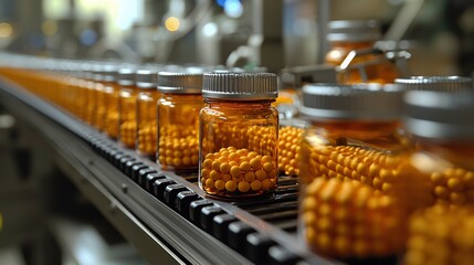 Amber Glass Bottles Filled with Yellow Pills on a Conveyor Belt in a Pharmaceutical Factory