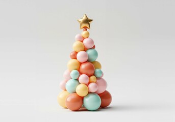 Modern geometric christmas tree with colorful spheres and golden star for festive decoration.