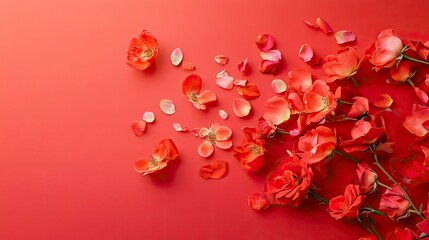 Flying petals and red roses on a red background with copy space. Creative floral levitation in the air nature layout. Spring blossom concept for wedding, women, with generative ai