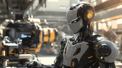 Fototapeta premium Humanoid robot working in harmonious factory setting. Robot Factory. Illustration