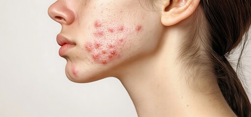 Confident young woman with acne close-up