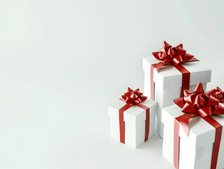 White background, red ribbon wrapped around white gift boxes
