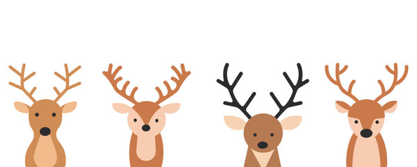 A set of cute deer faces. On a white background.
