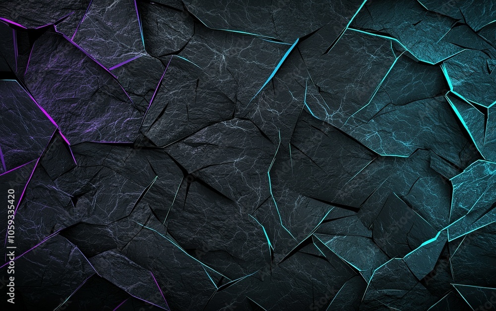 Poster dark textured surface with glowing neon cracks creating an abstract pattern in a modern artistic sty
