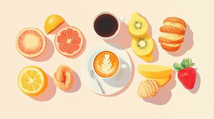 Flat lay of classic breakfast items--fresh fruits, pastries, and coffee--designed for a cheerful morning post.