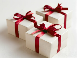 Obraz premium Three white gift boxes with red ribbons on the right side, against a white background