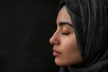 A Muslim woman with closed eyes  on a black background. Arab girl in hijab in profile.