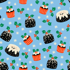 Christmas cake, cupcake, holly plant leaves and berries with snowflakes seamless pattern. Sweet food, dessert, recipe background for winter holiday season.