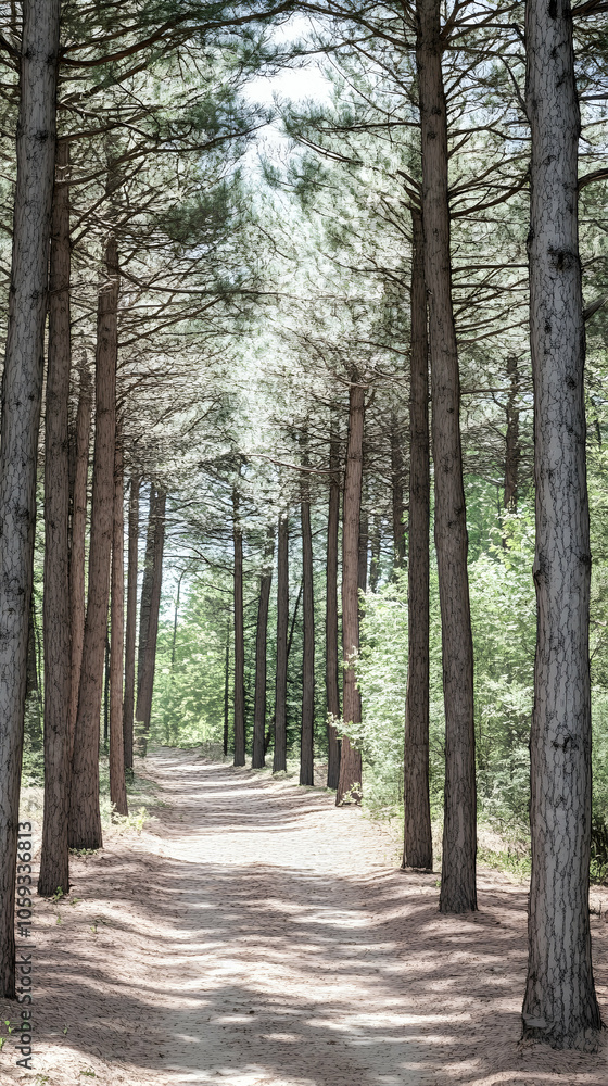 Poster a path through a forest of tall pine trees, with dappled sunlight filtering through the canopy.