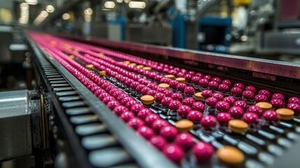 Fototapeta premium Pink Pills Moving Along a Conveyor Belt in a Pharmaceutical Factory