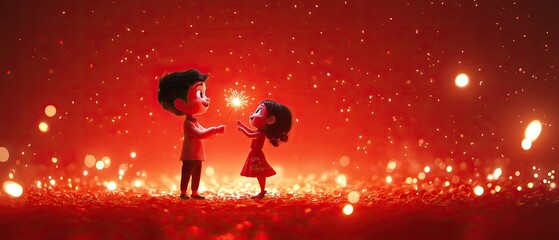Naklejka premium A boy and girl stand in a red sparkly background and hold a sparkler between them.