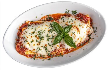 Delicious homemade lasagna with cheese and tomato sauce garnished with fresh basil served on a white plate