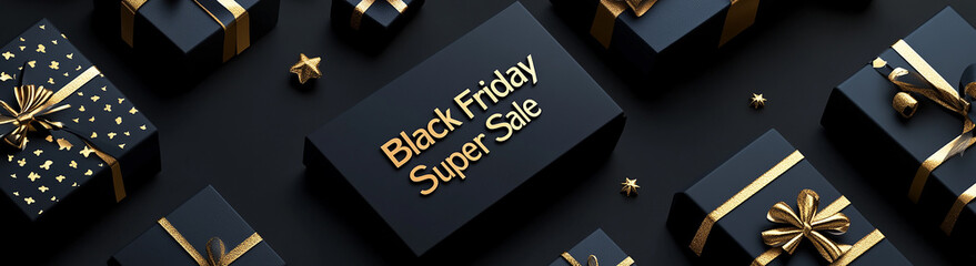 Black gift boxes with golden ribbon, illuminated sign text Black Friday Super Sale