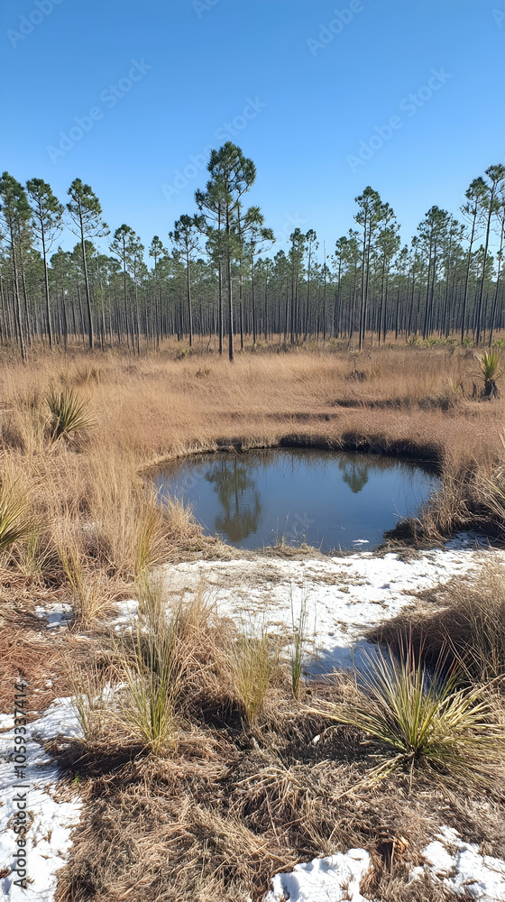 Poster a small pond surrounded by tall pine trees with a small patch of snow in the foreground.