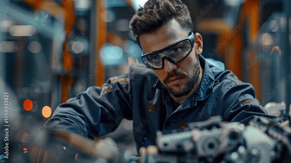 Poster robotic technician adjusting sensors in high-tech manufacturing facility for precision engineering