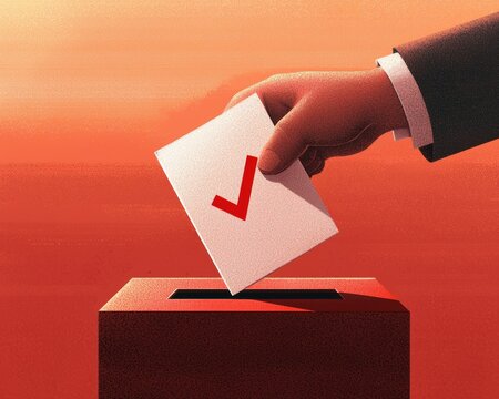 Illustration showing a ballot with a red checkmark being placed into a voting box, symbolizing an individuals power to make a choice.