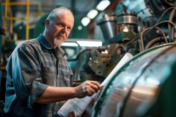 Senior Production Supervisor Reviewing Blueprints in a Busy Manufacturing Facility