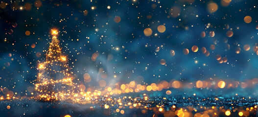 A blue background with golden, glittering lights and stars creates an elegant atmosphere