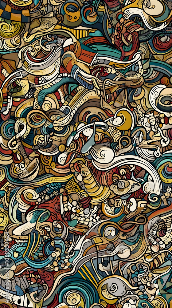 Poster abstract colorful doodle background with musical instruments and other objects.
