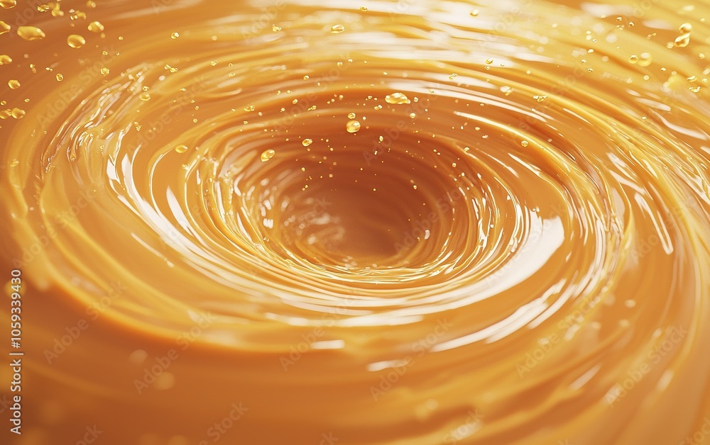 Poster swirling patterns of molten caramel creating a mesmerizing vortex with sparkling droplets at the cen