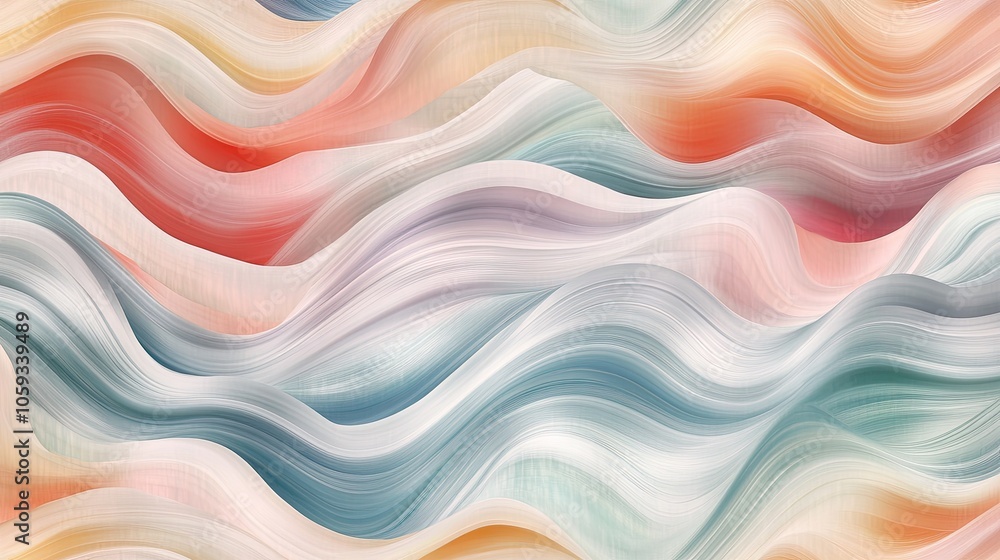 Poster soft, abstract waves in varied shades blend in a seamless pattern, creating a vibrant and flowing ba