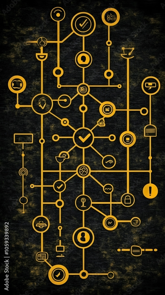Poster abstract network diagram with icons and check marks.
