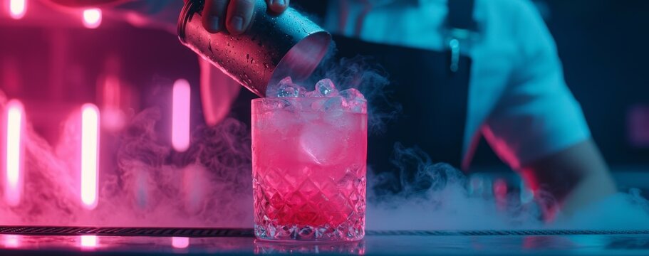 A bartender mid-action, shaking a cocktail shaker with neon lights in the background.