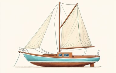 Fototapeta premium A classic wooden sailboat with white sails anchored in calm waters, highlighting craftsmanship in a serene coastal environment