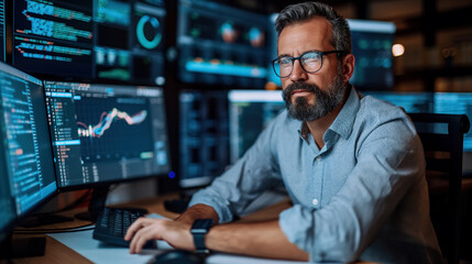 Focused analyst monitoring real-time financial data on multiple screens in modern office