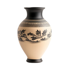A black and white vase with a floral design sits on a white background