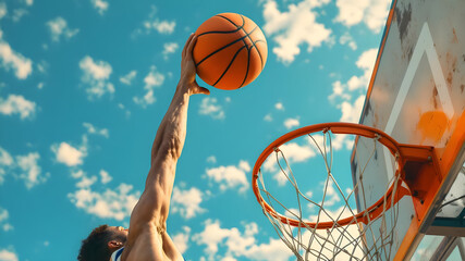 Basketball Player Dunking Under Blue Sky