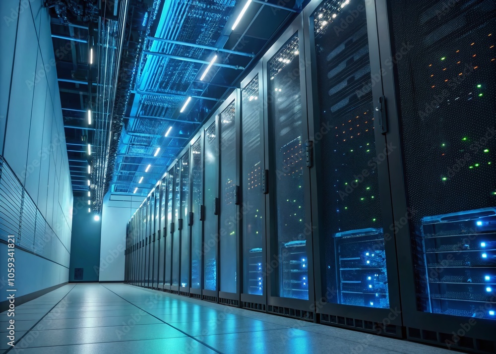 Poster futuristic data center with high-speed racks in a modern server room for tech innovations
