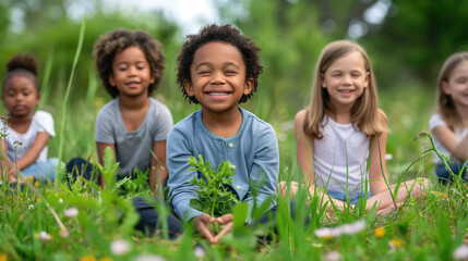 Diverse group of smiling children enjoying nature in a meadow