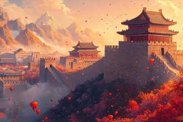 Obraz premium imagineA stunning thumbnail depicting the essence of China. Show iconic landmarks such as the Great Wall of China stretching across the mountains, with generative ai