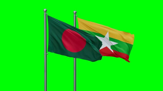 Myanmar aka Burma and Bangladesh flags flying together, video concept of the relationship with colored chroma key for easy background remove