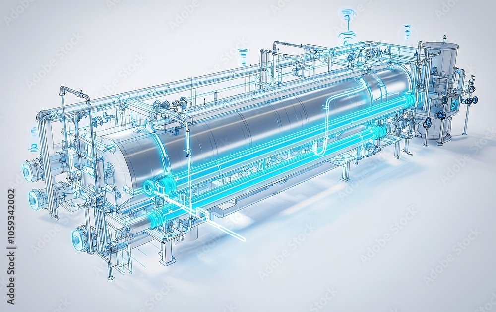 Poster advanced industrial processing equipment with holographic design displayed in a clean environment on