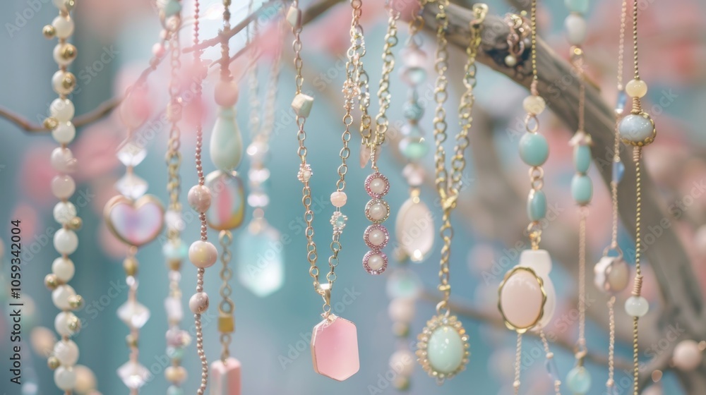 Poster a display of pastelhued statement necklaces hanging from a branch creating an ethereal and whimsical