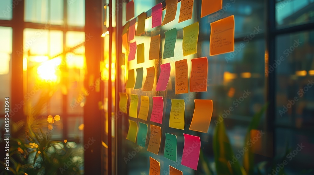 Poster creative team brainstorming session with post-it notes