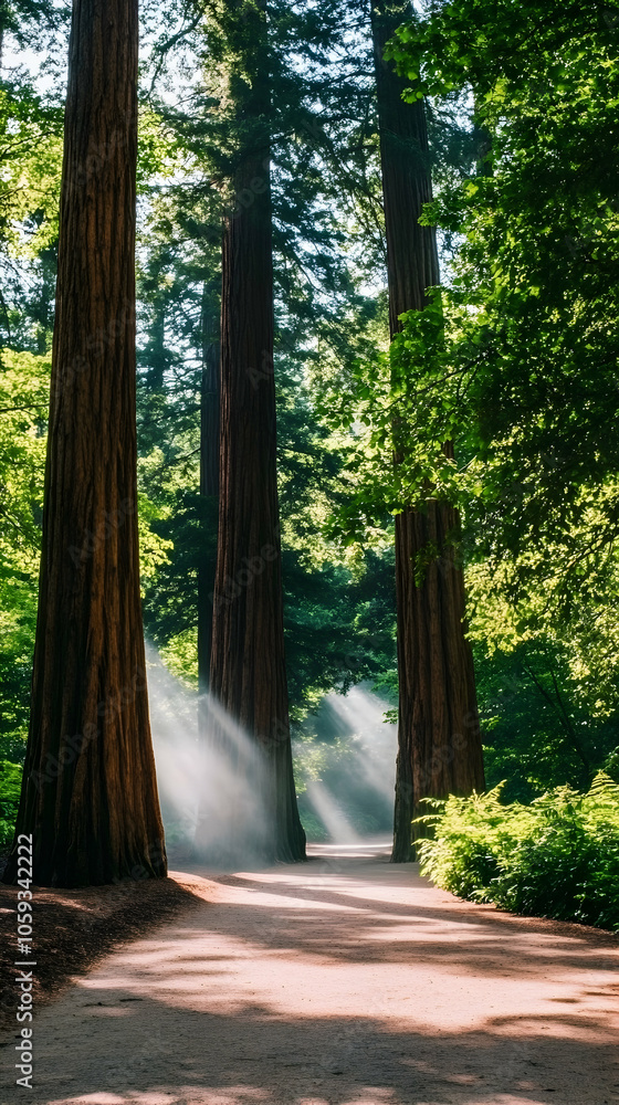Poster sunlight streams through the tall trees of a forest path.