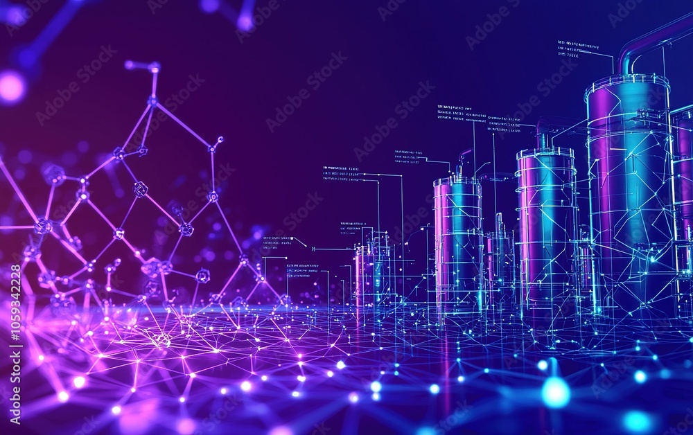 Poster abstract representation of a digital chemical laboratory featuring interconnected data streams and s