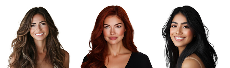 Naklejka premium Three Diverse Women with Long Hair Smiling Confidently